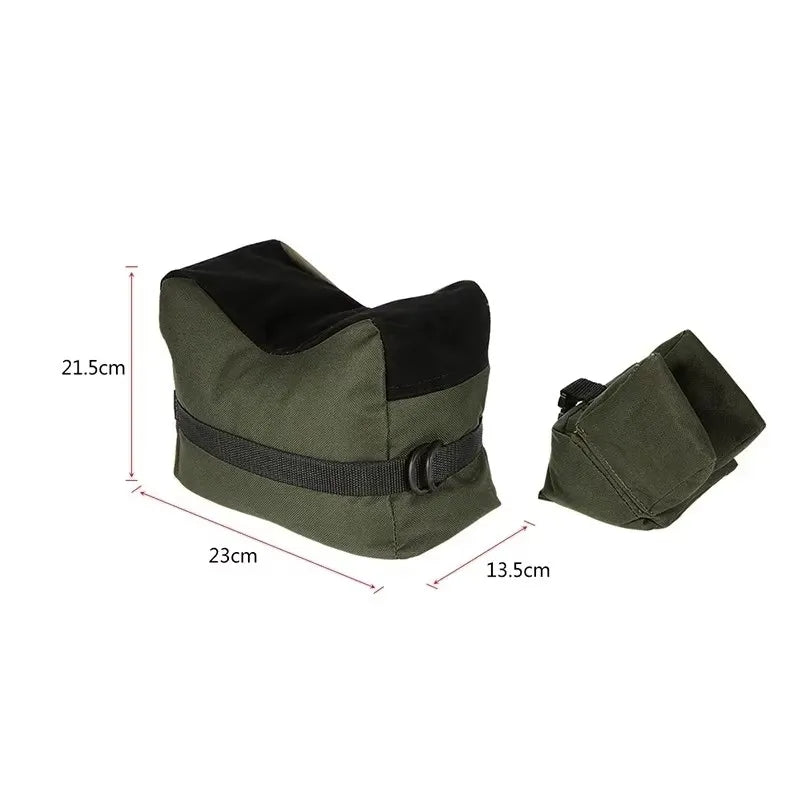 Shooter’s Stability Kit Sniper Rest Bag dimensions showing green and black design for rifle stabilization.